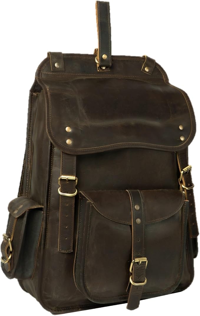 Satchel And Fable Vintage Full Grain 21 Inch Leather Laptop Large Backpack Casual Bookbag Daypack Camping Travel Rucksack Knapsack
