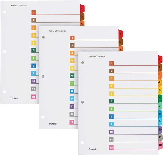 Oxford OneStep Binder Dividers, 12 Tab Numeric Divider Sets, Customizable Table of Contents, Works with 3 Ring Binder, Durable Plastic, Reversible Multicolor Tabs, Numbered 1–12, 3 Sets (89403)