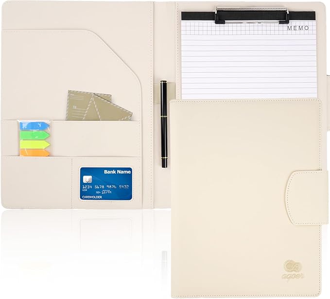 Clipboard Folder Folder DIN A4,All-in-One Business Leather Document Clip Board with Magnetic Cover,Conference Folder Document Organizer with Papers,Sticky Tabs,Pen,Work Folio for Women & Man,Beige