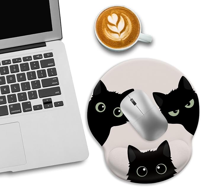 Cat Mouse Pad, Funny Ergonomic Mousepad with Wrist Rest, Gaming Mouse Pad Wrist Support with Non-Slip Pain Relief PU Base, Black Cat Mouse Pads for Desk, Cute Office Desk Accessories Decor