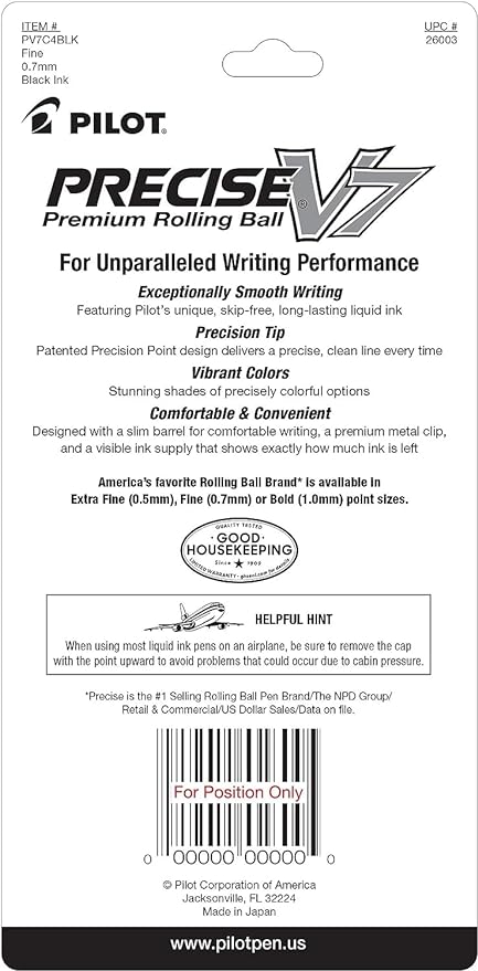 Pilot, Precise V7, Capped Liquid Ink Rolling Ball Pens, Fine Point 0.7 mm, Black, Pack of 4