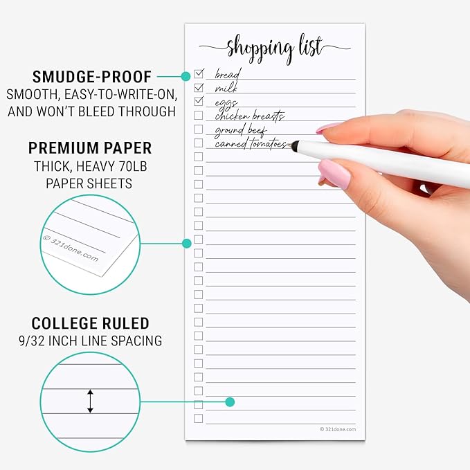 321Done 2-Pack Slim Shopping List Notepad, Made in USA - 3.7x8.5, College Ruled, Minimalist Stylish Handheld Grocery List, Store, Market, Pad for Planning, Organizing, Meal Prep - 50 Sheets per Pad
