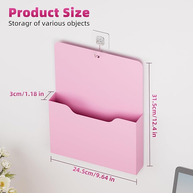 Magnetic File Holder - Magnetic Paper Holder, Pocket Organizer Office Supplies Storage Mail Organizer for Notebooks,Planners,Letter (Pink)