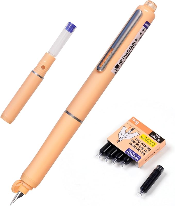 WRITECH Retractable Fountain Pen Set: Fine Nib Black Ink Pen Includes 5 Ink Cartridges No Leaking for Smooth Writing (Orange)