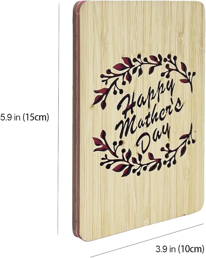 Mother's Day Gifts Card from Daughter or Son,Unique Card for Mum, Handmade Bamboo Wood Greeting Cards,Wooden Mother's Day Card,Laurel mom