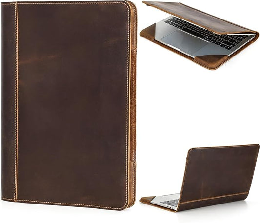 Top Grain Leather 13.3" Slim Laptop Folio Case Protector, Vintage Open Style, Fully Handmade, Compatible with MacBook Pro 13.3" MacBook Air 2022 DELL XPS 13" & Other PC, Coffee 13.3 Inch