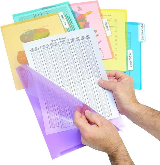 Ultimate Office PocketFile Clear Poly Document Folder Project Pockets, 3rd-Cut, Letter Size, in 6 Assorted Colors, Set of 36