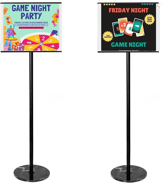 Adjustable Sign Holder 11 x 17, Floor Standing Sign Holder with Heavy Duty Marble Pedestal, Both Vertical & Horizontal View Sign Displayed Poster Stand for Store Business Show, 2 PACK（Round）