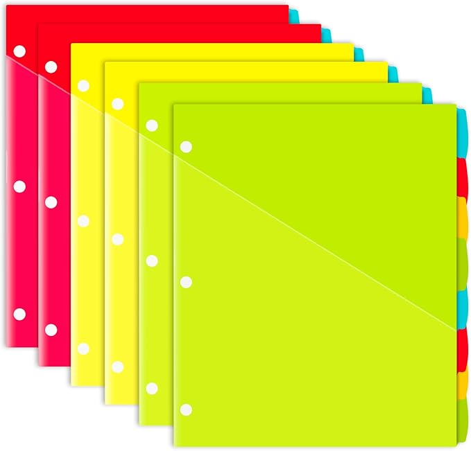 INFUN Plastic 8-Tab Binder Dividers with 2 Clear Pockets - 6 Sets, 48 pcs Multicolor Pocket Dividers with 3 Holes for 3 Ring Binders,Total 48 Tabs