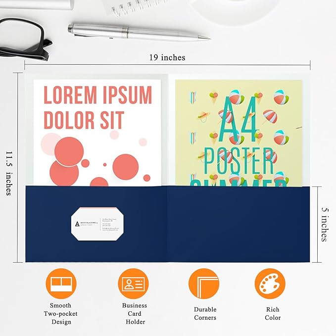 Two Pocket Folders,50 Pack Blue File Folders with Pockets Fit Letter Size Paper,Thick Paper File Folder for School Office Business Home,Assorted 6 Colors