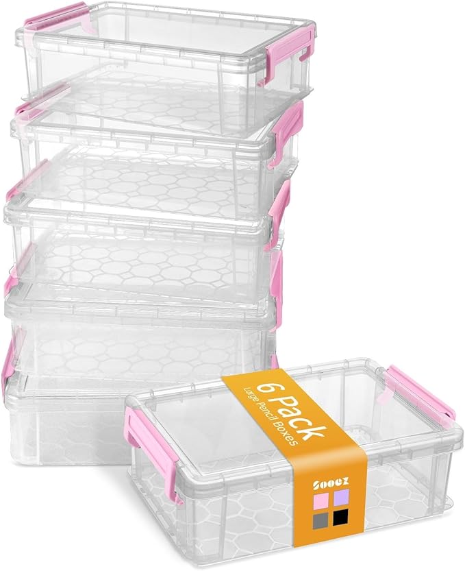 Sooez 6 Pack Extra Large Pencil Box, Plastic Pencil Case Crayon Box Bulk, Clear Marker Organizer Plastic Containers with Lid, Stackable Storage Box for Craft, Pen, Art, School Supply, Pink