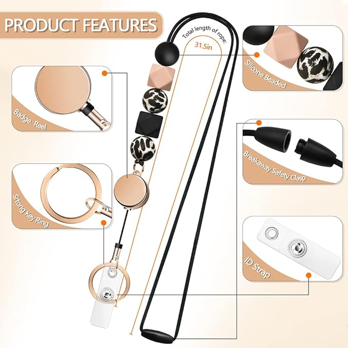 2PCS Retractable Lanyards for ID Badges and Keys, Cute Breakaway Teacher Lanyard with Badge Holders and Reels, Silicone Beaded Lanyard for Women, Nurses, Office with 4 Waterproof Card Holders
