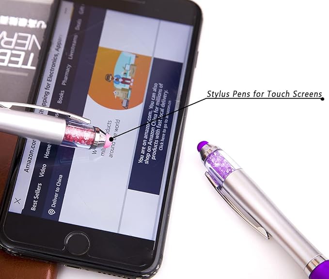 Stylus Pens 2-in-1 Ballpoint Pen 1.0mm Medium Point Pens with Crystals for Women Black Ink Pen with Stylus Ball Point Pen with Comfort Grip for The iPad, 5-Count