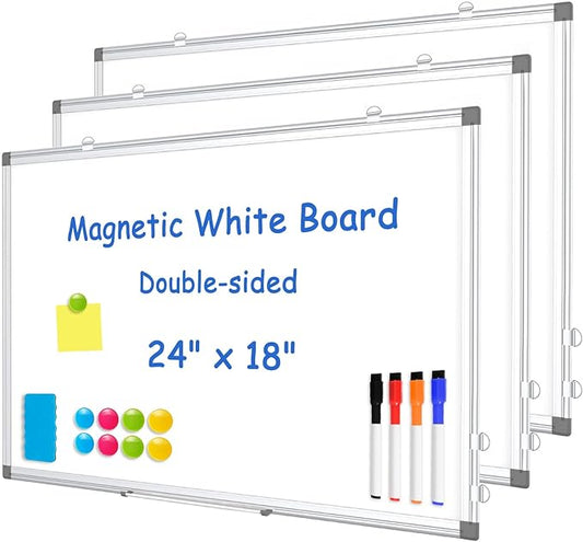 WALGLASS 3 Pack White Board, 24" x 18" Double-Sided Dry Erase White Board for Wall, Hanging Mounted Whiteboard, Horizontal or Vertical Silver Aluminium Frame for Home, School, Office, Kitchen