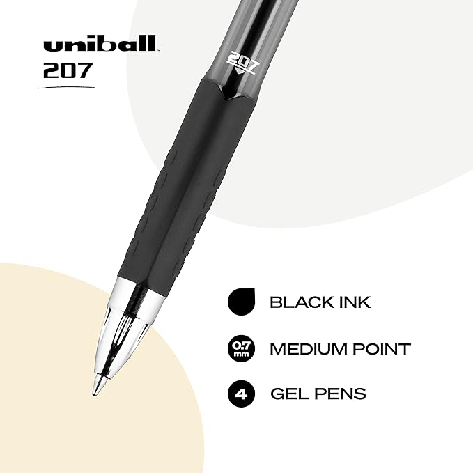 Uniball Signo 207+ Gel Pen 4 Pack, 0.7mm Medium Black Pens & Uniball Signo Gel 207™ Retractable Gel Pens, Medium Point, 0.7 mm, Clear Barrel, Black Ink, Pack Of 4