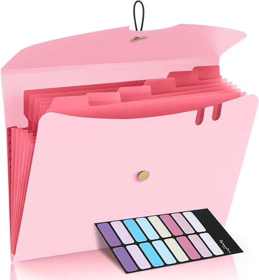 Sooez 7 Pocket Expanding File Folder, Premium Accordion File Organizer, Letter Size Folders for Documents, Sleek Filing Folders with Bungee Closure, Portable Folders for School Office Supplies, Pink
