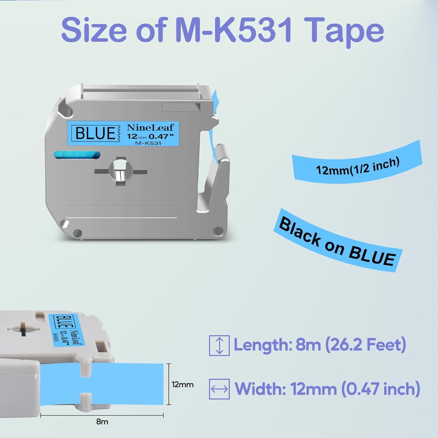 NineLeaf 4 Pack Compatible for Brother P-Touch M Tape M-K531 M-K531S MK531 M531 12mm 0.47'' Black on Blue Label Tape for PT-70BBVP PT-70BMH PT-70HK PT-70HOL PT-70HOT Label Maker