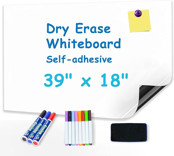 Magnetic Whiteboard Contact Paper 39" x 18”, YOUNGJQ Adhesive Magnetic Dry Erase White Board Sticker for Wall, Peel and Stick Wallpaper, Easy to Write and Clean for Kids Playroom Office