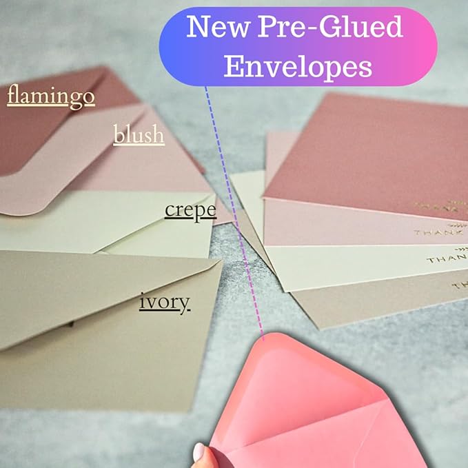 RUN2PRINT (36 Pack Thank You Cards With Envelopes & Foil Stickers - Elegant Dusty Pink Emboss Gold Foil Pressed - Blank Notes Wedding, Bridal, Baby Shower, Business and Formal All Occasion Cards