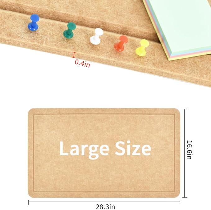 Vuzvuv Wood Brown 28"x16" Large Cork Board with 50 Push Pins & Sticky Notes, Self-Adhesive Bulletin Board No Damage for Wall, Felt Pin Board for Paste Notes, Photos, Schedules Offices Home
