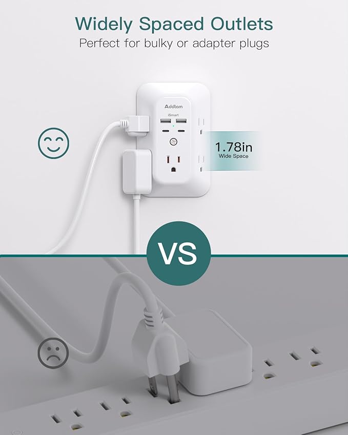 Surge Protector Outlet Extender - Addtam 5-Outlet Splitter with 4 USB Wall Charger(2 USB-C Ports), Multi Plug Outlet Power Strip for Home, Dorm Room Essentials