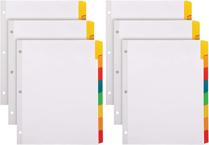 Oxford Write and Erase Binder Dividers, Durable Tabs for 3 Ring Binder, 8 Tab, Write On Tabs, Erasable Dividers, White, Multicolor Tabs, 6 Sets (89991)