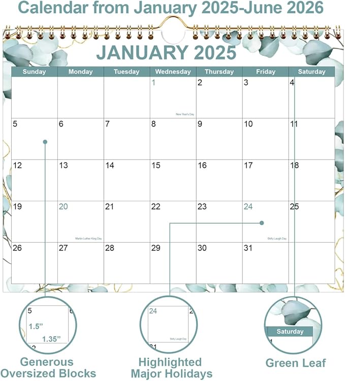 Calendar 2025, Wall Calendar from January 2025 - June 2026, 18 Months Calendar with Premium Paper, Twin-Wire Binding & Hanging Hook, 8.5" x 11", Green Leaf
