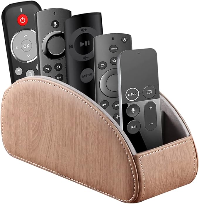 YAPISHI All-in-One Leather TV Remote Control Holder With 5 Compartments Nightstand Desktop DVD Media Player Remote Caddy Storage Box Organizer Tray For Makeup Brush Pen Stationary Table Controllers