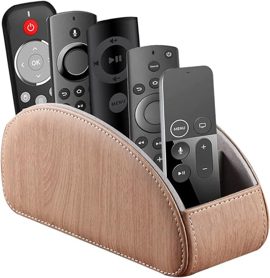 YAPISHI All-in-One Leather TV Remote Control Holder With 5 Compartments Nightstand Desktop DVD Media Player Remote Caddy Storage Box Organizer Tray For Makeup Brush Pen Stationary Table Controllers