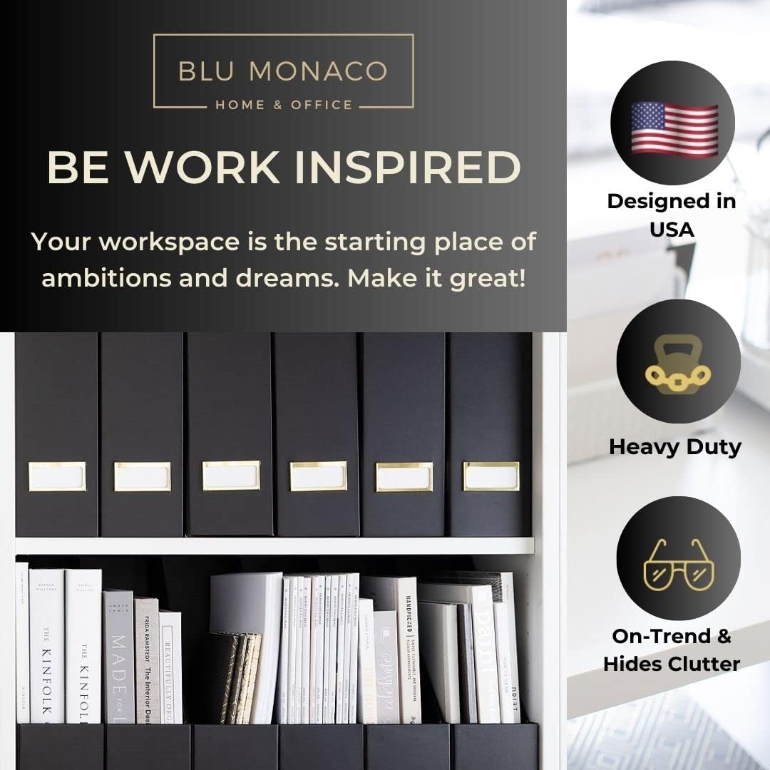 BLU MONACO Declutter in Style - Set of 6 Black Foldable Magazine File Holders with Gold Label Holders - Cardboard Magazine Storage Box & Desk Organizer for Workspace and Shelves