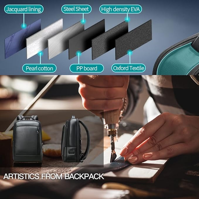 BOPai Genuine Leather Backpack for Men Multi-Function Expand Backpack 15.6 inch Business Laptop Backpack Travel Smart with USB Charging Backpack Office Black