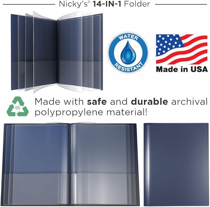 Nicky's® Multi Pocket Organizer, 10 or 14 Page Folder, Waterproof, Patented Tear-Resistant, Flexible Plastic, Proudly Made in USA, Binder Substitute. (14-in-1 Navy Blue)