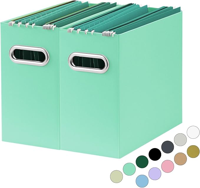 Oterri File Organizer, Small Storage Box, Cardboard File Folder Organizer, Collapsible File Box, Hanging File Organizer for Letter Size, Portable File Box with Handle, Only Box (Mint Green,2 Packs)