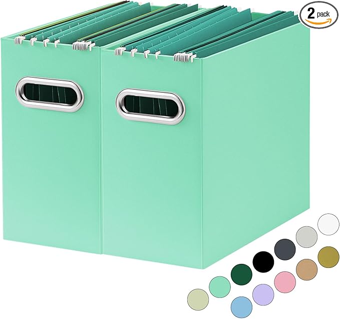Oterri File Organizer, Small Storage Box, Cardboard File Folder Organizer, Collapsible File Box, Hanging File Organizer for Letter Size, Portable File Box with Handle, Only Box (Mint Green,2 Packs)