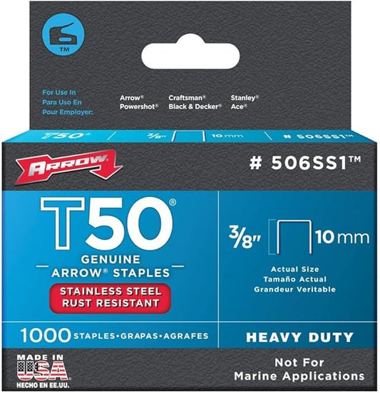 Arrow Fastener 506SS1 Heavy Duty T50 Stainless Steel Staples for Upholstery, Construction, Furniture, Crafts, 3/8-Inch Leg 3/8-Inch Crown Size,Length, 1000 Count (Pack of 1)