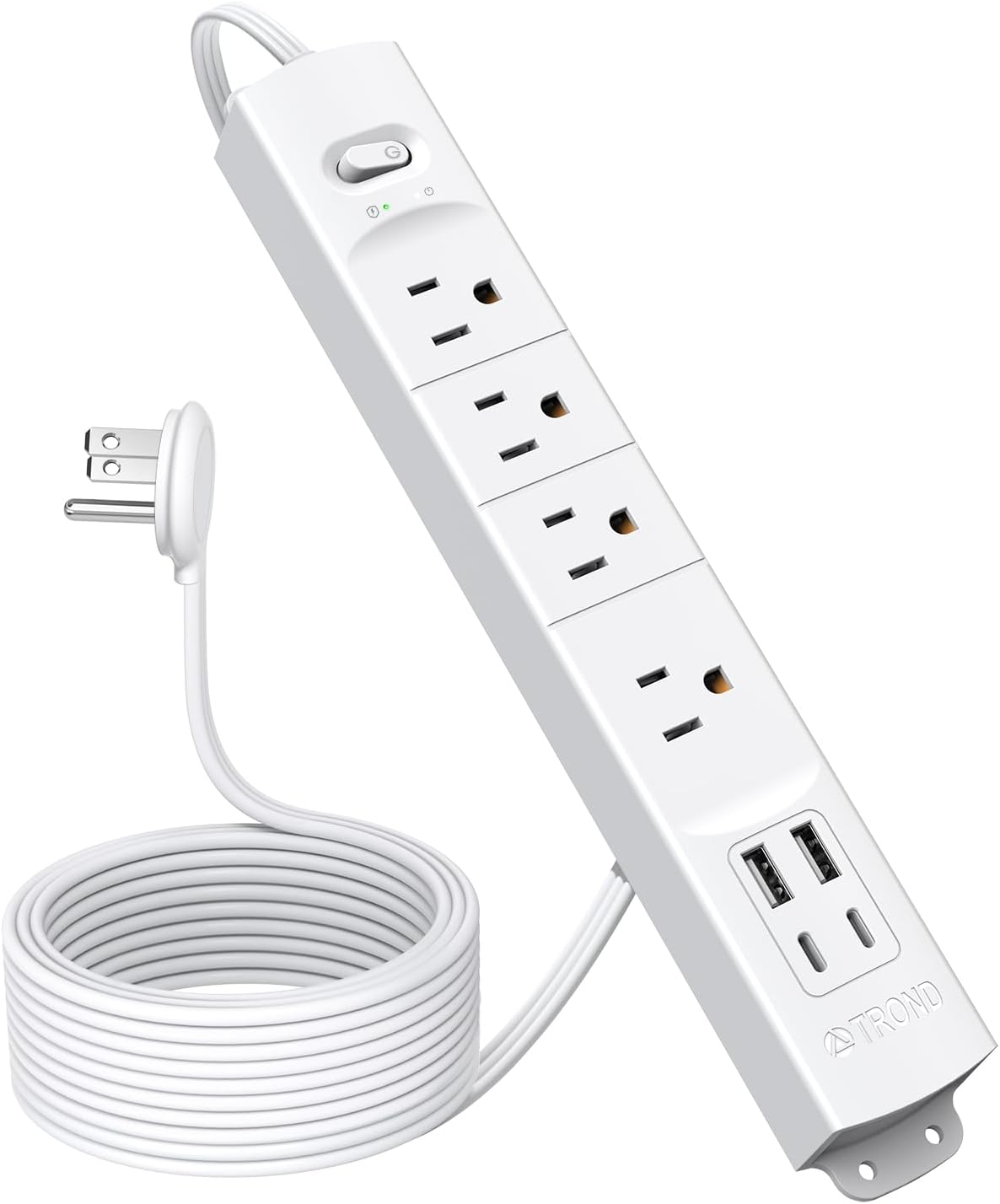 TROND 15ft Long Extension Cord with 2 USB C, ETL Listed, Ultra-Thin Flat Plug Power Strip, Slim Surge Protector, 4 Outlets 4 USB Ports, Wall Mount, Office Accessories Dorm Room Essentials, White