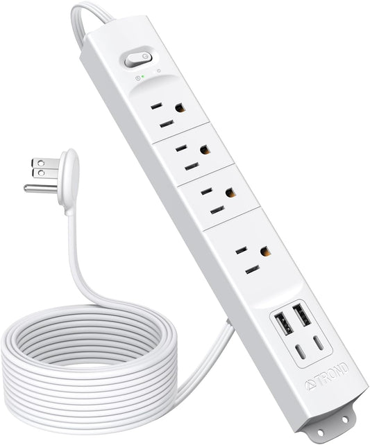 TROND 15ft Long Extension Cord with 2 USB C, ETL Listed, Ultra-Thin Flat Plug Power Strip, Slim Surge Protector, 4 Outlets 4 USB Ports, Wall Mount, Office Accessories Dorm Room Essentials, White