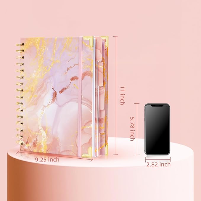 A4 Spiral Notebooks for Work, 300 Pages Lined Spiral Journal Notebook, 5 Subject College Ruled Journals for Writing, 11”x9.25''Journaling Notebooks for School Office Supplies (Pink Marble)