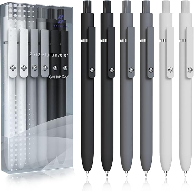 Gel Pens,6 Pcs 0.5mm Fine Point Black Ink Pens With Smooth Writing,Quick Dry Pens For Journaling,Nurse Aesthetic Pens,Office School Supplies for Men Women Student(Black Gray White)