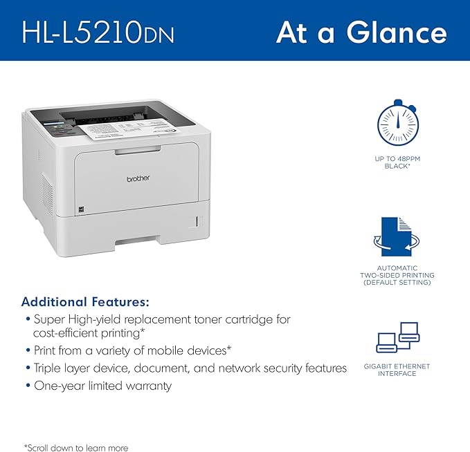Brother HL-L5210DN Business Monochrome Laser Printer with Duplex Printing, Versatile Paper Handling, Mobile Printing, and Gigabit Ethernet Networking (Renewed Premium)