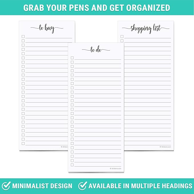 321Done 2-Pack Slim Shopping List Notepad, Made in USA - 3.7x8.5, College Ruled, Minimalist Stylish Handheld Grocery List, Store, Market, Pad for Planning, Organizing, Meal Prep - 50 Sheets per Pad