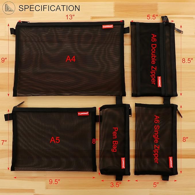 Pendancy Mesh Zipper Pouch 5pcs Lightweight Nylon File Folders Document Organizer Cosmetic Bags Accessories Storage for Travel and Office Supplies (Black, A4 A5 A6)