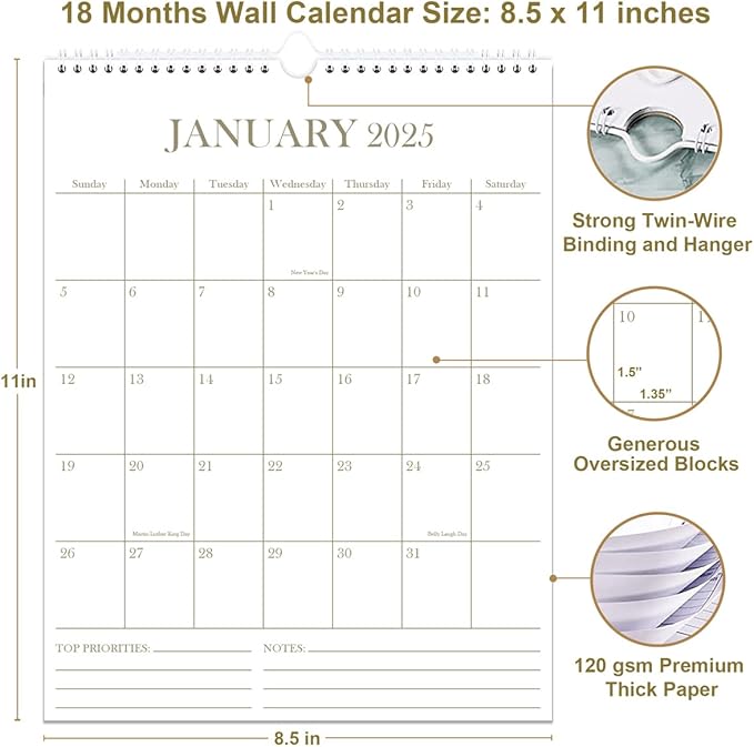 2025 Wall Calendar - 18 Months Calendar from January 2025 - June 2026, Calendar 2025-2026 with Thick Paper, 8.5" x 11", Vertical Calendar, Golden