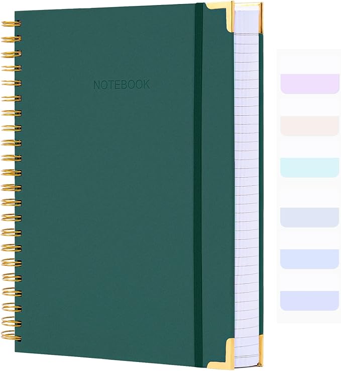 Spiral Notebook, College Ruled Notebook, 8.5" x 11", 300 Pages Hardcover Leather Notebook Journal for Women Men, A4 Large Lined Journal Notebooks for Work School, 24pcs Index Tabs, Green