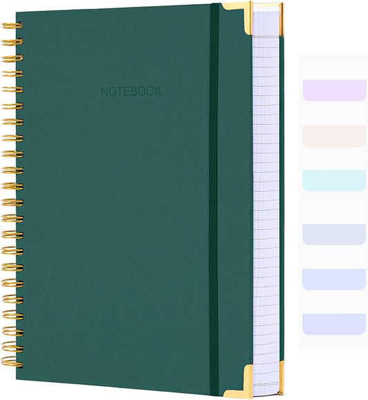 Spiral Notebook, College Ruled Notebook, 8.5" x 11", 300 Pages Hardcover Leather Notebook Journal for Women Men, A4 Large Lined Journal Notebooks for Work School, 24pcs Index Tabs, Green