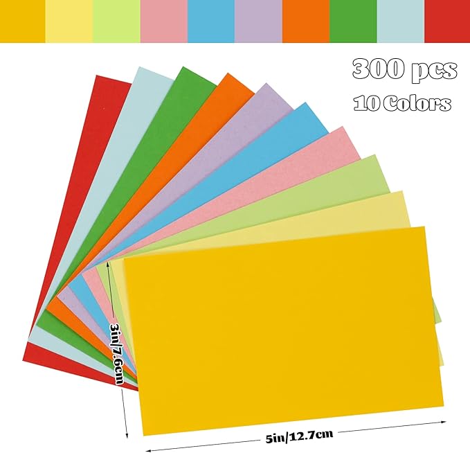 Tecmisse 300 PCS Colored Index Cards, 3x5 Inches Flash Cards, Heavy Note Cards, Study Cards for School, Learning, Memo Scratch Pad, 10 Colors (Blank)