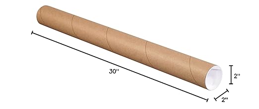 BOX USA BP2030K Mailing Tubes with Caps, 2" x 30", Kraft (Pack of 50)