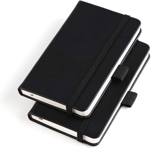 Vanpad (2 Pack) Pocket Notebook Small Hardcover Note Book 3" x 5.5", Mini Ruled Lined Journal, Leather Cover, with Pen Holder, Page Marker Ribbons, Inner Pockets, Black