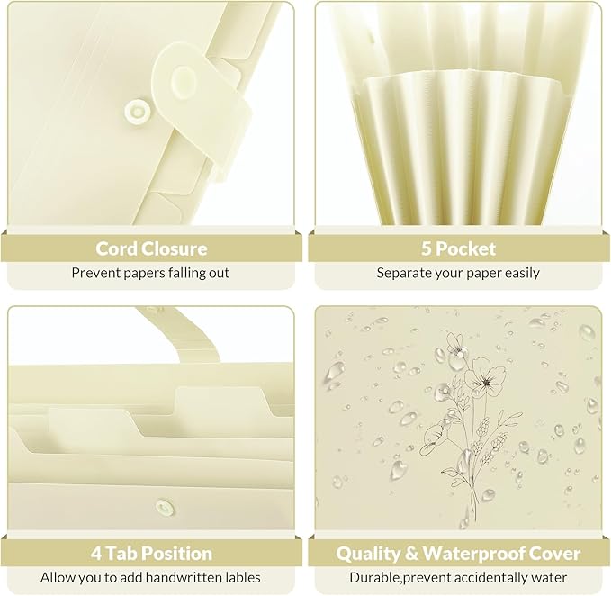 SKYDUE Expanding File Organizer with 5 Pockets, Accordion File Folders with Labels, Portable Document Paper Bill Receipt Organizer, Home College School Office Supplies, Letter Size,Apricot