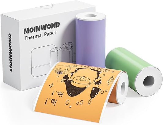 Thermal Paper Self-Adhesive Sticker Paper for Mini Thermal Pocket Printer D1, Black on Orange/Purple/Green 50mm x 3m, 25mm Diameter, 3-Rolls for Notes, Texts, Journal Photo and Notebuddy